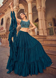 Blue Chinnon Party Wear Thread Work Lehenga