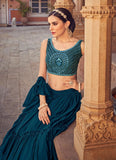 Blue Chinnon Party Wear Thread Work Lehenga