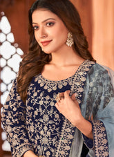 Blue Color velvet heavy embroidered Abaya Style Anarkali Suit