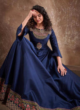 Blue Heavy Embroidered Silk Anarkali Gown