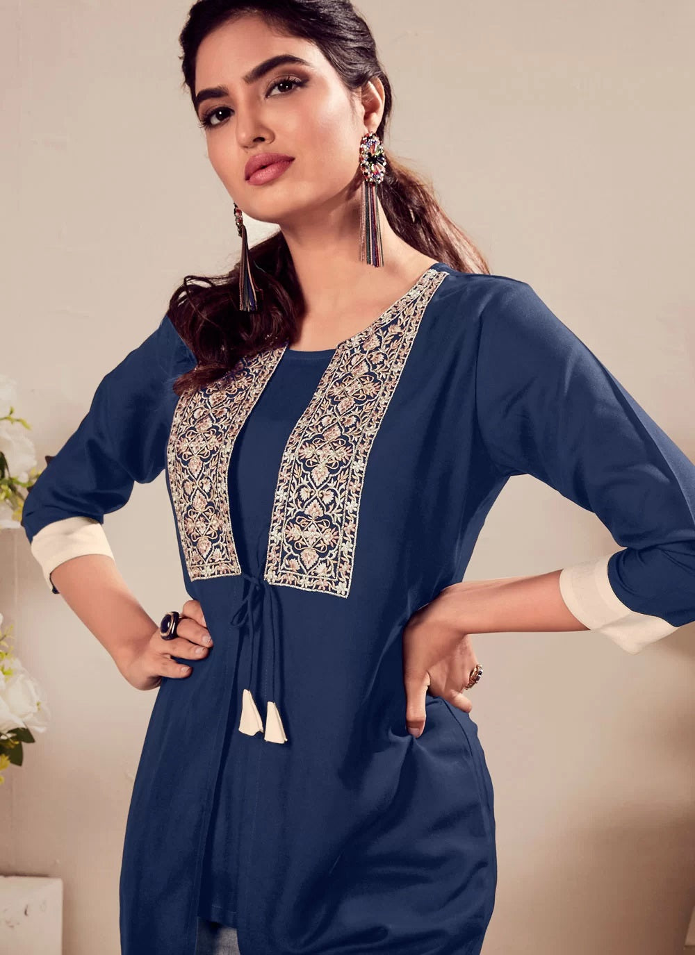Blue Heavy Reyon Embroidered Office wear Tunic Tops