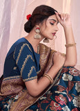 Blue Tusser Silk Printed Embroidered Saree