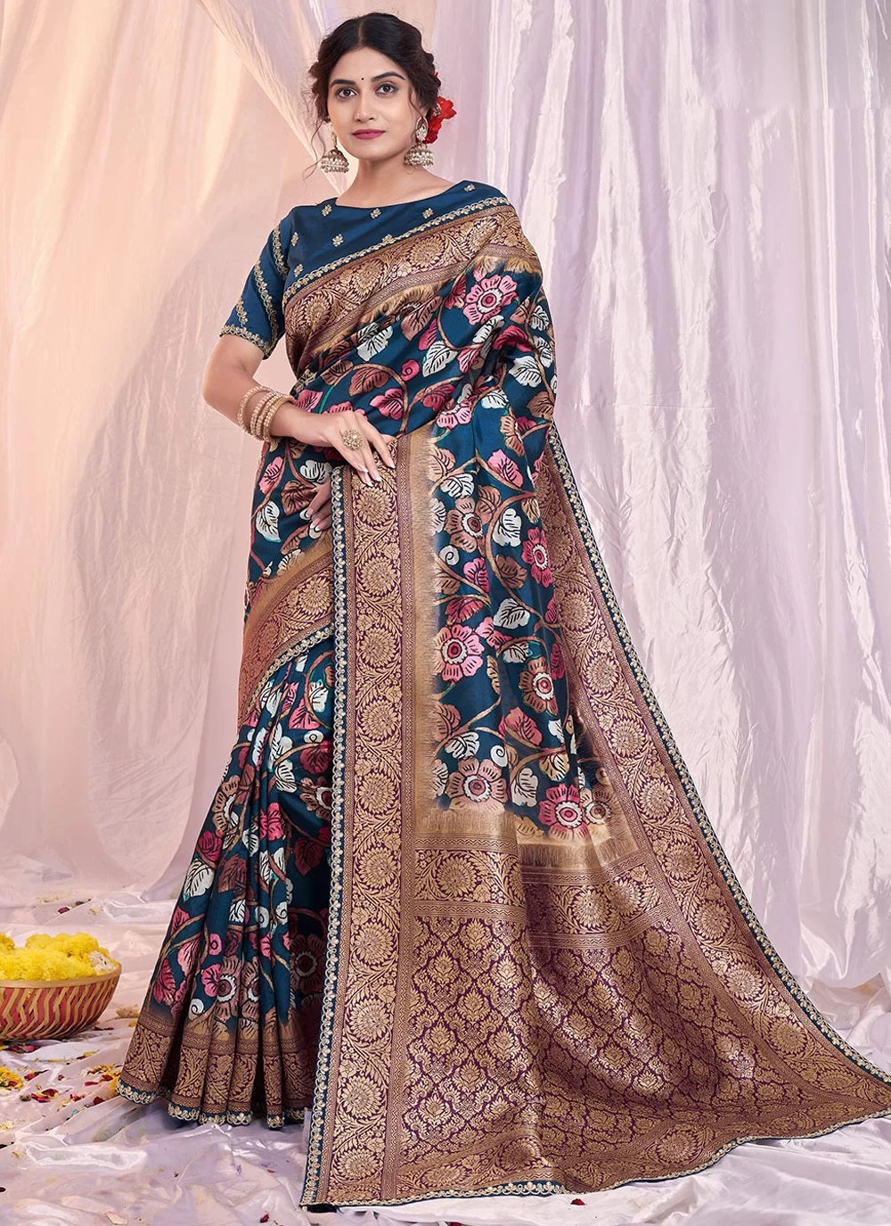 Blue Tusser Silk Printed Embroidered Saree