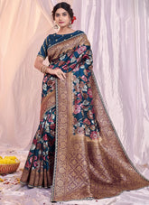 Blue Tusser Silk Printed Embroidered Saree