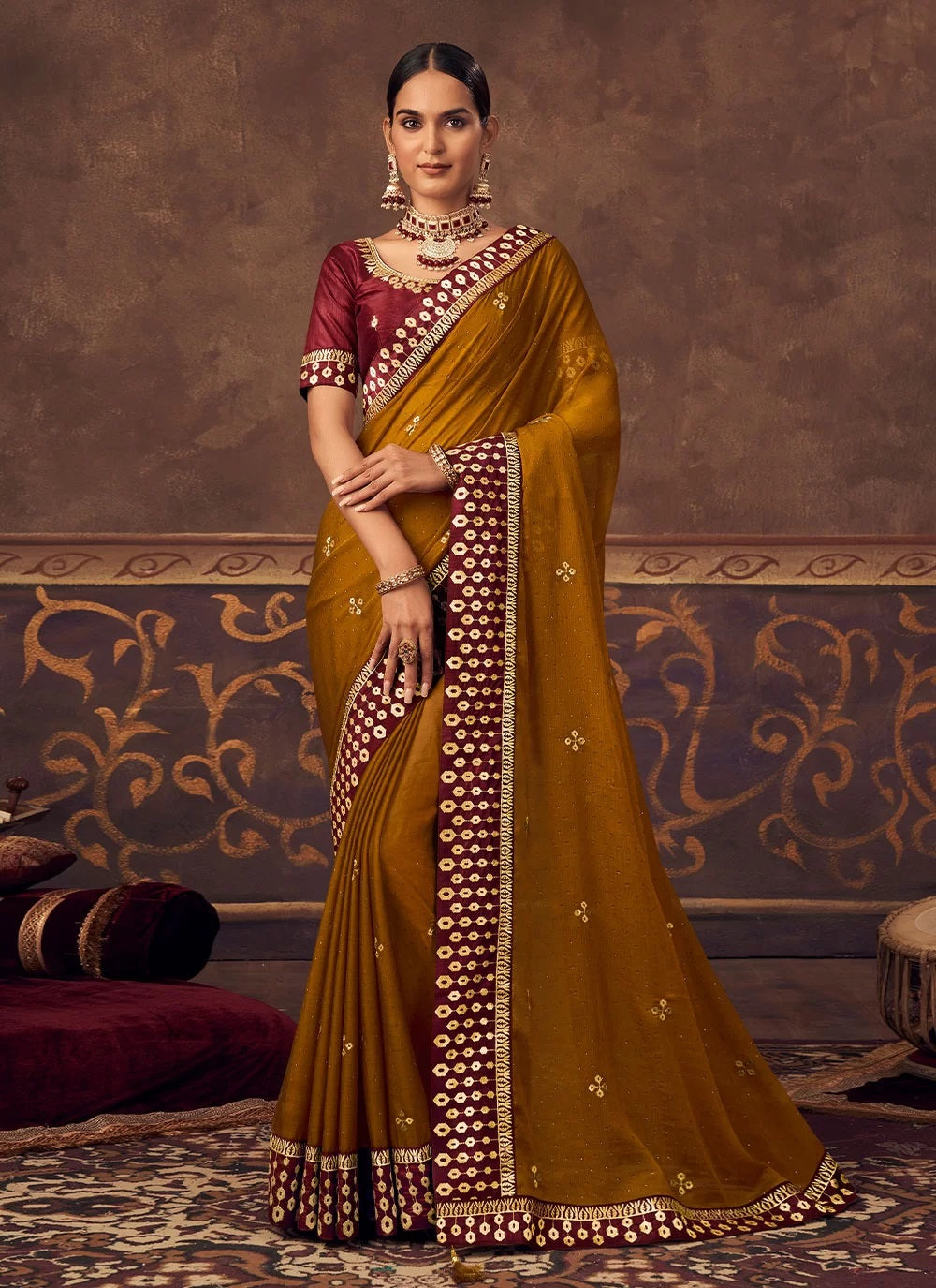 Chiffon Saree in Mustard With Silk Blouse