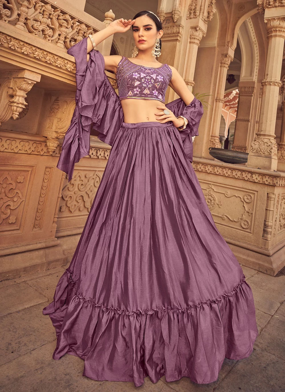 Chinnon Thread and Mirror Work Lehenga In Purple