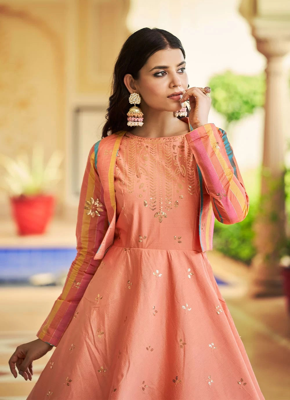 Cotton Sequins Embroidery Gown For Engagement in Peach