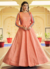 Cotton Sequins Embroidery Gown For Engagement in Peach