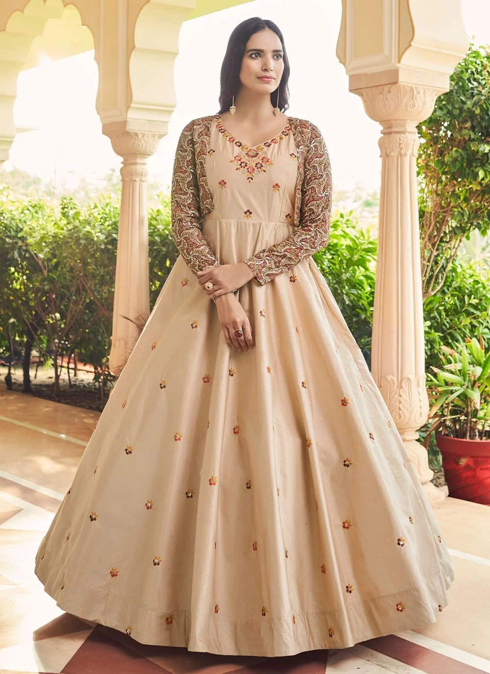 Cotton Sequins Embroidery Work Gown Anarkali