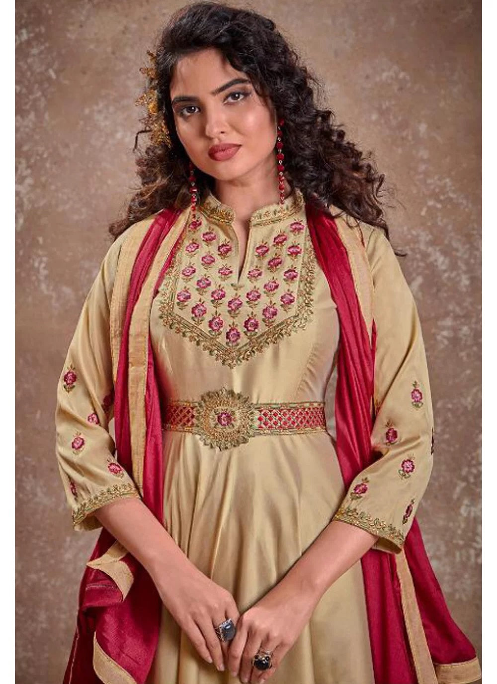 Cream Silk Heavy Embroidered Anarkali Gown