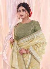 Cream Tissue Silk Embroidery Indian Saree