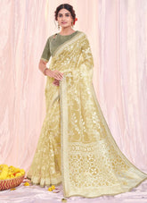 Cream Tissue Silk Embroidery Indian Saree