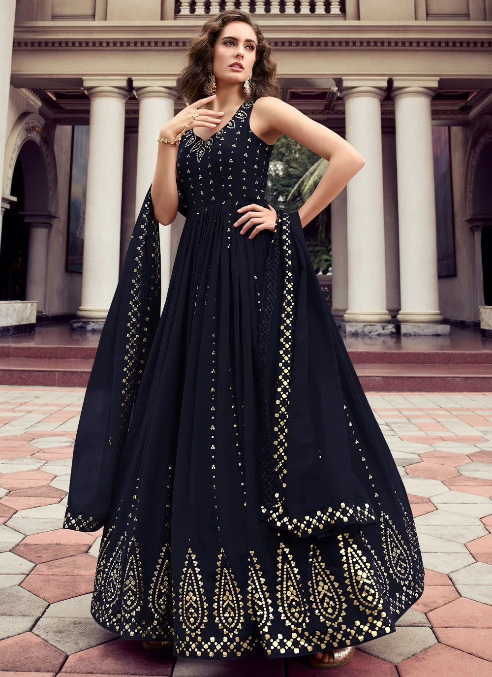 Dark Blue Georgette Embroidered Anarkali Long Gown