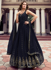 Dark Blue Georgette Embroidered Anarkali Long Gown