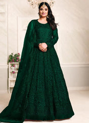 Dark Green Thread Embroidered Net Abaya Style Suit