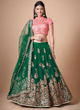 Dazzling Green Mirror Work Net Lehenga with Intricate Dori Embroidery