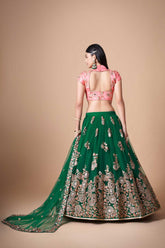 Dazzling Green Mirror Work Net Lehenga with Intricate Dori Embroidery