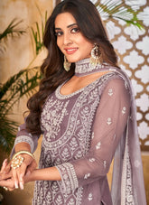 Designer Net Embroidered Palazzo Suit In Purple