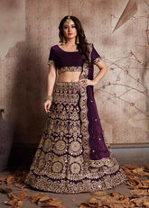 Designer Wine Color Velvet Silk Embroidered Lehenga
