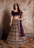 Designer Wine Color Velvet Silk Embroidered Lehenga