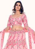 Elegant Peach Soft Net Lehenga with Zarkan and Thread Work