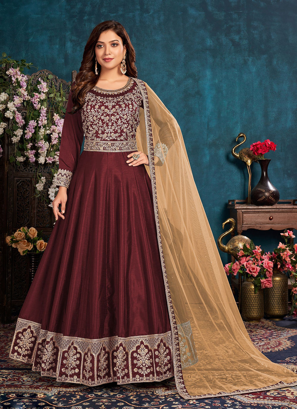 Embroidered Art Silk Anarkali Style Suit In Maroon