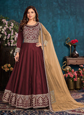 Embroidered Art Silk Anarkali Style Suit In Maroon
