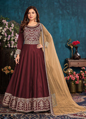 Embroidered Art Silk Anarkali Style Suit In Maroon