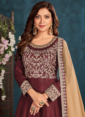 Embroidered Art Silk Anarkali Style Suit In Maroon