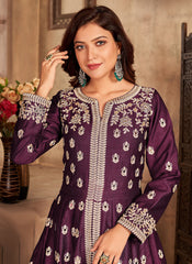 Embroidered Art Silk Slitted Abaya Style Suit In Magenta