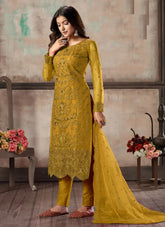 Embroidered Net Pakistani Suit in Mustard