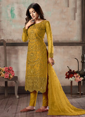 Embroidered Net Pakistani Suit in Mustard