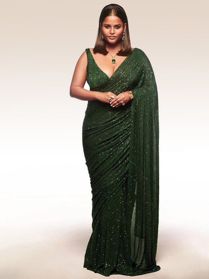 Designer Georgette Sequins Saree In Deep Green
