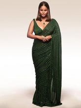 Designer Georgette Sequins Saree In Deep Green