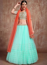 Fancy Blue Color Soft Net Zari Work Party Wear Lehenga For Ladies