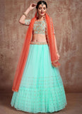 Fancy Blue Color Soft Net Zari Work Party Wear Lehenga For Ladies