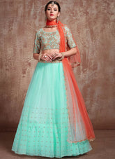 Fancy Blue Color Soft Net Zari Work Party Wear Lehenga For Ladies