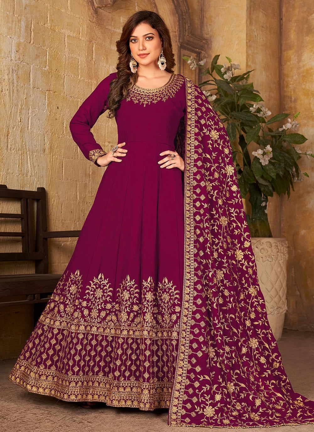 Faux Georgette Maroon Color Anarkali Suit