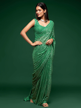 Faux Georgette Sequins Work Saree in Mint Green