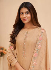 Faux Georgette Zari Embroidered Pakistani Suit in Beige