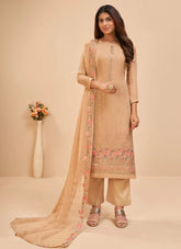 Faux Georgette Zari Embroidered Pakistani Suit in Beige