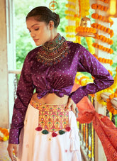 Gajji Silk Print with Embroidered Work Crop Top Lehenga