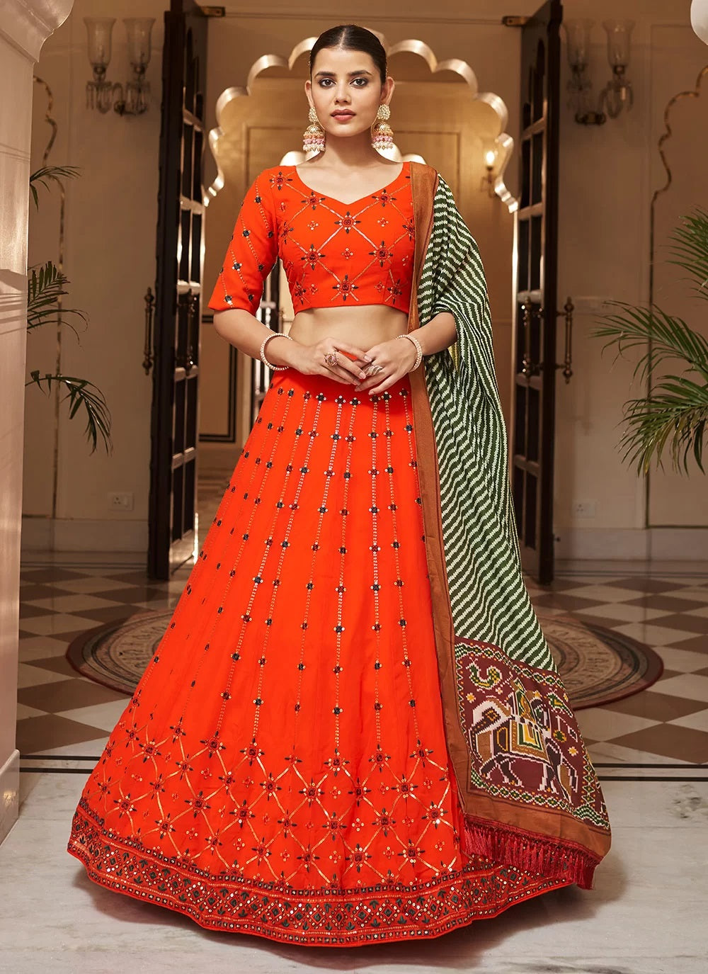 Georgette Thread with Sequince Embroidered work Lehenga In Orange