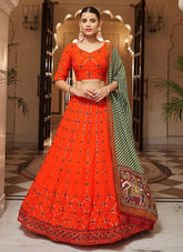 Georgette Thread with Sequince Embroidered work Lehenga In Orange