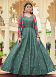 Green Cotton Sequins Embroidered Koti Style Anarkali Gown