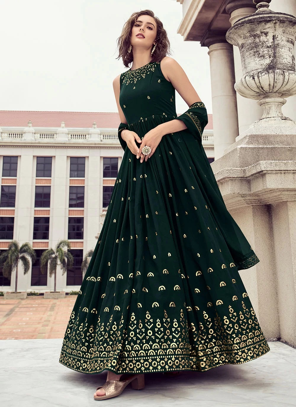 Green Elegant Thread and Sequince Embroidered Anarkali Gown