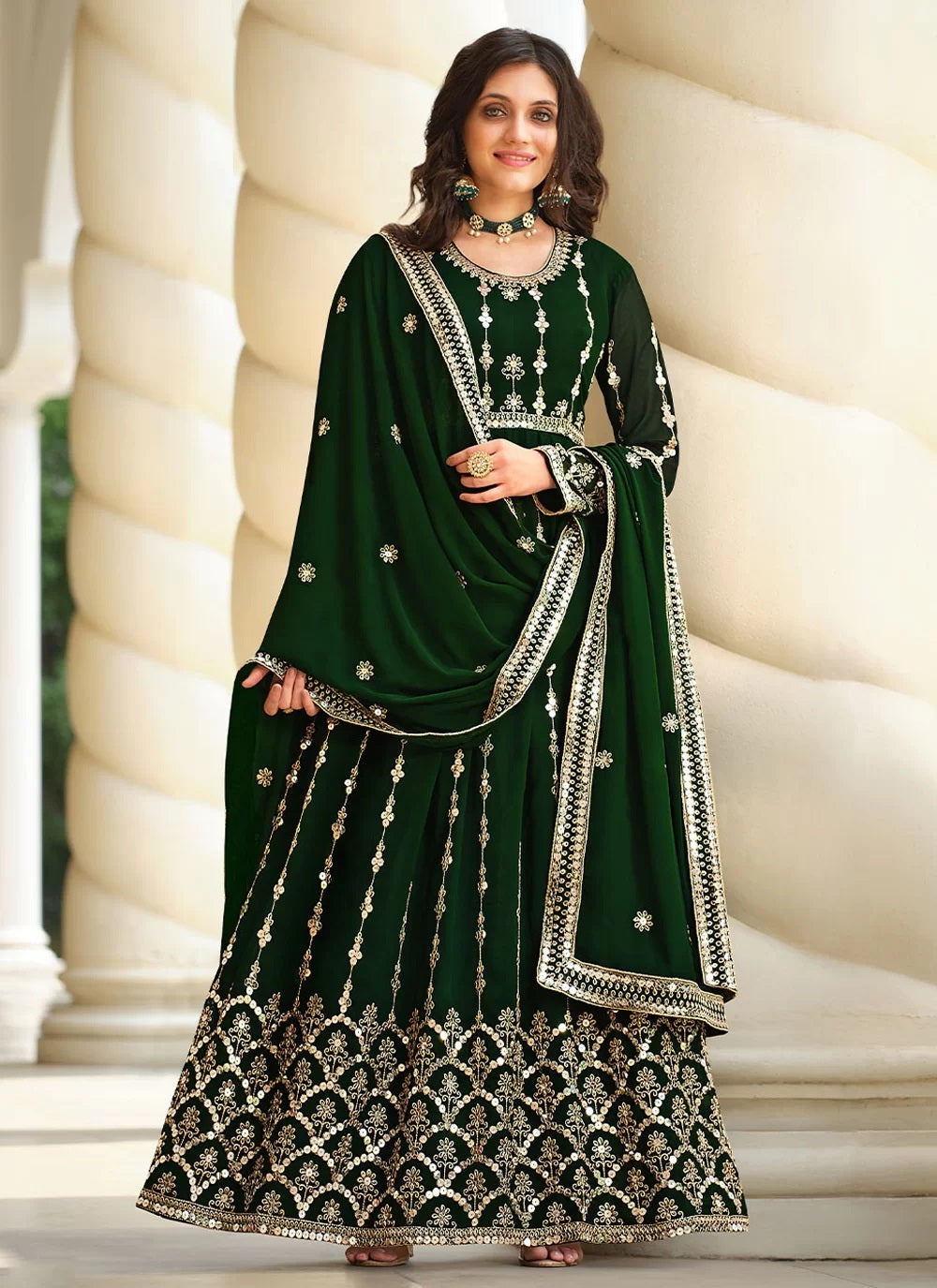 Green Embroidered Georgette Anarkali Style Suit