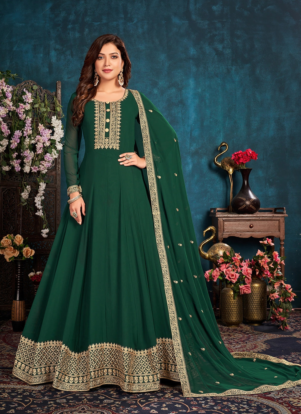 Green Faux Georgette Long Anarkali Suit