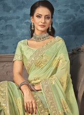 Green Jacquard Embroidered Partywear saree