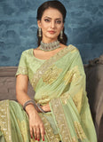 Green Jacquard Embroidered Partywear saree